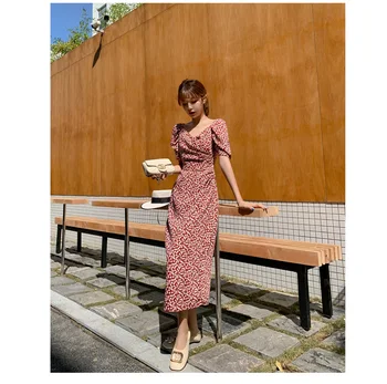 Cotday O-linie V Gâtului Maneca Scurta imprimeu Floral Rosu Talie Elastic Dulce pentru Femei Vintage 2020 Coreea Stil Nou Rochie de Vara