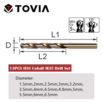 TOVIA Micro Cobalt Burghiu Set 13PCS HSS M35 burghie Pentru Metal din Oțel Călit 1.5/2/2.5/3/3.2/3.5/4/4.5/4.8/5/5.5/6/6.5 mm