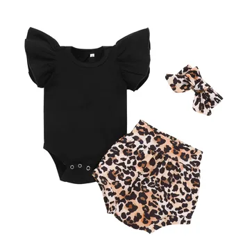 #50 de Vara Nou-născuți Haine Fata copil Copil Zbura Maneca Culoare Solidă Romper Bodytsuit+leopard Imprimate pantaloni Scurți Headbands Haine Set