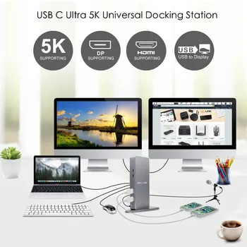 C USB Universal Docking Station HDMI Dual 4K@60Hz Ultra HD 5K de Afișare video Gigabit Ethernet, USB 3.0 pentru Windows de Lucru On-line