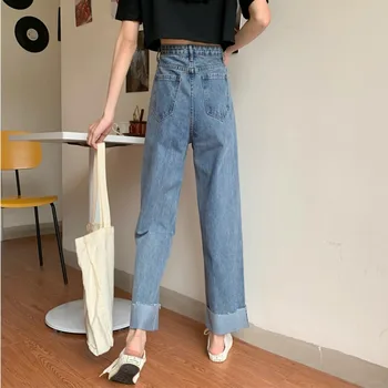 Blugi pentru Femei de Moda Chic Mansete Simplu Clasic Doamnelor toată Lungimea Streetwear Vintage Denim Toate-meci Femei Pantaloni de Înaltă Calitate