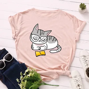 JCGO Vara Femei T-shirt Bumbac 3XL 4XL 5XL Plus Dimensiune Casual Maneca Scurta Doamnelor Tee Topuri Drăguț Pisica Scrisori de Imprimare Tricouri Femeie