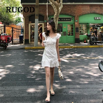 RUGOD Elegant puff maneca dantela gol afară femei rochie coreea elegant dantela-up rochie mini Moda alb rochii de vara vestidos 2019