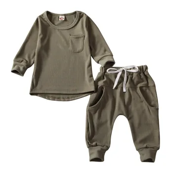 Copilul de Îmbrăcăminte pentru Sugari, Copii, Copil Fată Băiat Solid cu Nervuri Haine cu Maneci Lungi T-shirt, Blaturi+Pantaloni 2pcsSpring Toamna anului Nou Set