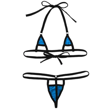 Femei Sexy Lenjerie de corp Metalic Lucios Micro Mini Bikini Set de Lenjerie de Căpăstru Tie-pe Triunghi Bralette Sutien Top cu G-String Thong
