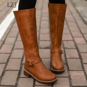 Coapsa Cizme maro Femei Vintage din piele Toc Pătrat cu Fermoar înălțimea genunchiului buckle Boot Ține de Cald Rotund Toe Pantofi Stil Britanic