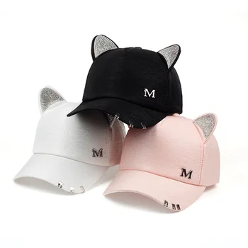 2019 nou miau Femei Vara toamna alb-negru pălărie Roz urechi de Pisică Pisică șapcă de Baseball cu inele și dantelă fată drăguță pălărie
