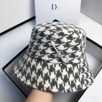 Nou Designer De Peroneu Toamna Iarna Femei Houndstooth Găleată Pălării De Moda Doamnelor Pălărie Elegant Carouri Mari Refuz Capace Scrisoare En-Gros