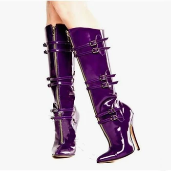 Violet Multi - Catarama Cizme De Iarna Pentru Femeie A Subliniat Deget De La Picior La Genunchi-Cizme Înalte Super De Înaltă Tocuri Subtiri Zip Casual Femei Pantofi De Piele De Brevet