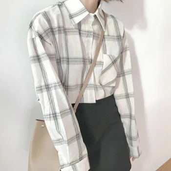 Bluze Tricouri Femei Primavara Carouri Toate-meci Vrac coreeană Stil Vintage Topuri de Femei de Agrement Strada Poarte Elevii de Moda Chic New