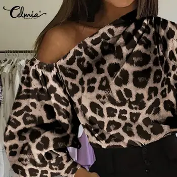 Celmia Vara Sexy de Pe Umăr Femei Topuri și Bluze cu Mânecă Lungă Lanternă Leopard de Imprimare Tricouri Casual Elegant Club Blusas