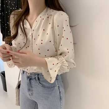 Femeile De Primăvară Șifon Cămașă De Moda Coreeană Maneca Lunga Alb Tricouri Femei Streetwear Birou Bluza Elegant Lady Inimă De Imprimare Topuri