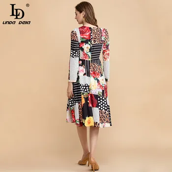 LD LINDA DELLA Toamna O-Gât Moda Leopard Polka Dot print Floral pentru Femei Vintage Rochie Midi Pista O Linie Rochie de Petrecere Vestidos
