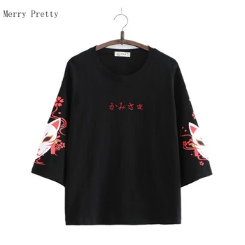 De Vară 2020 Femei Din Bumbac T-Shirt De Moda Desene Animate Embroiery Bază Topuri Scurte Gât Rotund Maneca Vrac Femeie Din Japonia Harakuju Topuri