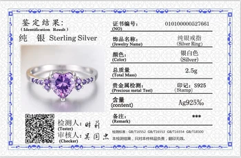 Au Certificat Argint 925 Violet Zircon Cristal Inel Pentru Femei Minunate in Forma de Inima Bijuterii Romantic Cadou de Ziua Îndrăgostiților