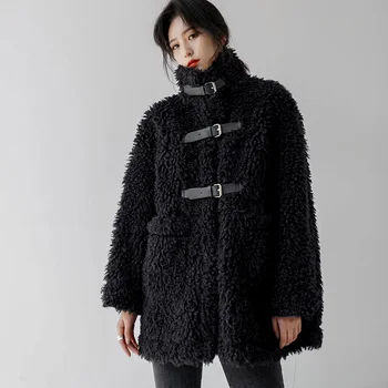 Blană neagră de Miel Haină de Lână pentru Femei 2020 Iarna Stil coreean Vrac Grele Cald de Lână Paltoane Jachete Casual