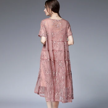 Femei vrac mozaic Brodate rochie din două piese maneci scurte echipajul gât de dimensiuni mari de moda rochie Eleganta roz Vedea prin rochie