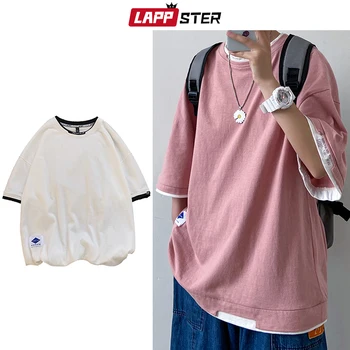 LAPPSTER Bărbați Fals Două Piese 6 Culori Solide Tricouri de Vară 2020 Harajuku Moda coreeană Bumbac Negru T-shirt, Bluze Casual Tricouri