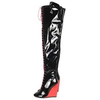 De iarnă Pantofi pentru Femei Rotund Toe Wedge Peste genunchi cizme Lalce Sus Doamnelor Moda Înălțimea Coapsei Cizme cu Fermoar Plin de Brevet Negru