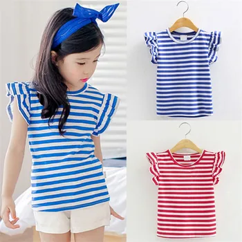 Stil marinar fete tricou de vara albastru/roșu alb dungă volane de dantela cu maneci scurte copilul bluza bluze copii