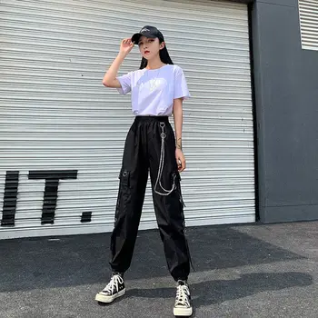 2020 Femei Pantaloni de Marfă Catarama Panglică Pocket Jogger Elastic Talie Înaltă Streetwear Harajuku Punk Inel Lanț Femei Pantaloni