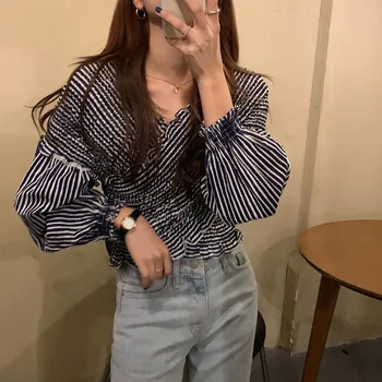 Alien Kitty Coreean Minoritate Retro Pe Un Umăr Solid Stretch Puff Maneca Scurta Bluze 2020 De Femei De Moda, Camasi Cu Maneca Lunga