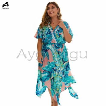 Aygaiyigu Doamnelor Plus Dimensiune Frunze de Imprimare Rochie de Mari Dimensiuni Mari Doamnelor Bohemia Rochii V-gât Scurt Flare Sleeve Îmbrăcăminte de Modă