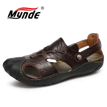 MYNDE Vaca Split din Piele Sandale Bărbați impermeabil Apartamente de Vară Pantofi Handmade Respirabil Casual Barbati pantofi de Alunecare Pe Sandale de Mers pe jos