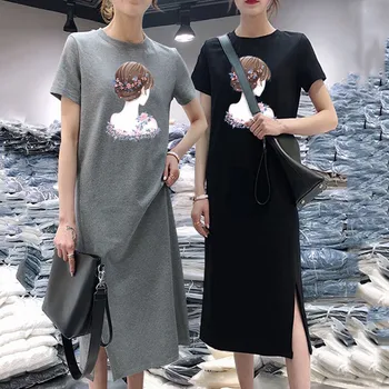 Coreea Style Femei Rochie e O-neck Imprimate cu mâneci Lungi Femei Vrac Genunchi Split Rochie T-shirt Dress Платье Женское 2021