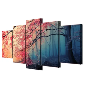 Modular Poze Arta de Perete Peisaj Panza Pictura Decor Acasă 5 Bucati Rosii Copaci de Pădure Poster HD Print Frame Pentru Camera de zi