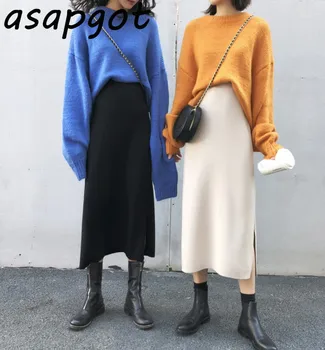 Asapgot Toamna Caise Talie Mare Tricotate Fuste Femei Nou Coreea De Chic Sălbatice Slim Vintage Negru Direct De Lână Fusta Faldas Cald