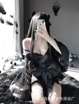 Cosplay Sexy Negru Pe Diavol Mic Kimono Japonez Erotic Costume Pentru Femei Haina Gol Afară De Joc De Rol Set De Lenjerie Negru