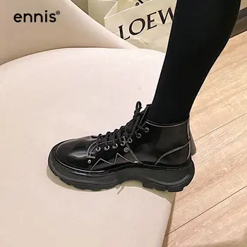 ENNIS Platforma de Brand Martin Cizme Femei, Cizme din Piele de Brevet Glezna Alb Negru Dantelă Sus Cizme de Moda Toamna Iarna Pantofi A0007