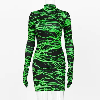 BOOFEENAA Rochii Sexy Club Wear Toamna-Iarna Verde Neon Lightning Mănuși de Imprimare de Înaltă Gât Maneca Lunga Bodycon Rochie Mini C70-AB19