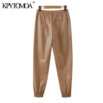 KPYTOMOA Femei 2020 Moda Cu Cordon Pantaloni din Imitatie de Piele de Epocă de Mare Talie Elastic Buzunare de sex Feminin Glezna Pantaloni Mujer