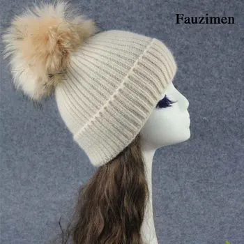 Femei De Moda De Iarnă Angora Moale Pălării Real Blană De Raton Pom Poms Capace Tricotate Pompom Blană Pălării