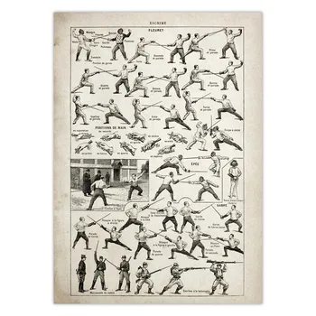 Jiu Jitsu Poster Box Scrimă Tehnica De Luptă Grafic De Imprimare De Epocă Panza Pictura Sabia De Sabie Trestie De Zahăr Stick Baton