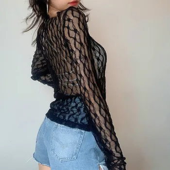 2021 Sexy ochiurilor de Plasă Transparentă tricou Femei y2k Estetice Dantela Mozaic Vintage Maneca Lunga de Sus Teuri Singur Buton Haine