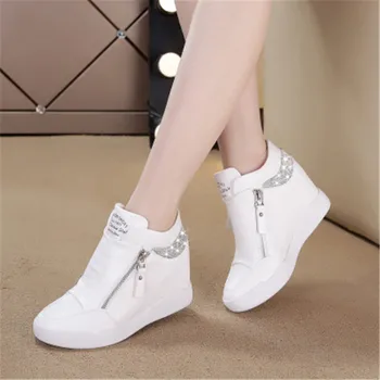 Pantofi Femei Topuri Mari Glezna Cizme de Moda Pană Adidași Ascunse Tocuri Femei Lift Pantofi de Mers pe jos cu Fermoar Stras Formatori