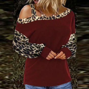 Femei Inima Leopard de Imprimare Mozaic Maneca Lunga Pulover de Topuri Casual-Curea de umăr Bluza Tricou Toamna