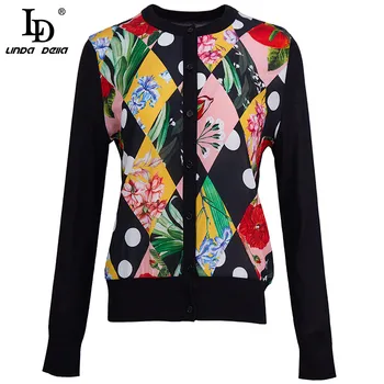 LD LINDA DELLA Noi 2021 Designer de Moda de Primăvară Roz Tricotat Bluze Femei cu maneci Lungi imprimeu Floral Silk Cardigan Pulovere