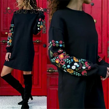 Jocoo Jolee Rochii Femei, Toamna Mini Rochie Eleganta cu Maneci Lungi imprimeu Floral Vrac Cald Rochie Neagră Streeetwear vestidos