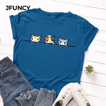 JFUNCY Plus Dimensiune S-5XL Femei T-shirt Femei Maneci Scurte Tee Topuri Drăguț Pisică Imprimare Femeie Casual Tricou de Vară 2020 Bumbac Tricou