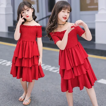 Fete rochie de vara tort roșu niveluri sifon copii rochii de partid pentru fete ziua de nastere maneci scurte 4 6 8 10 12 Y haine copii