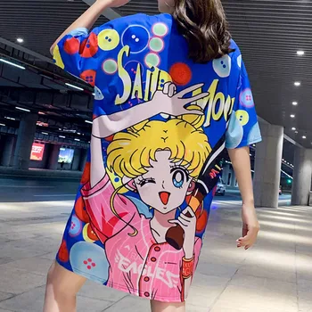 Plus Femei de Stradă de Moda Rochie O-Gât Vrac Mesh cu uscare Rapida, Sailor Moon Print Digital Gol Afară Supradimensionat Tricou Lung Rochii