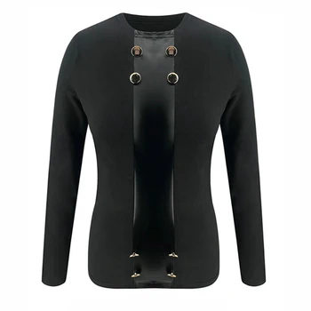 Mânecă lungă T-shirt Toamna Iarna Mozaic din Piele Neagră Teuri O-neck Slim Fit Femei Tricouri Casual de Bază Topuri Haine G1117