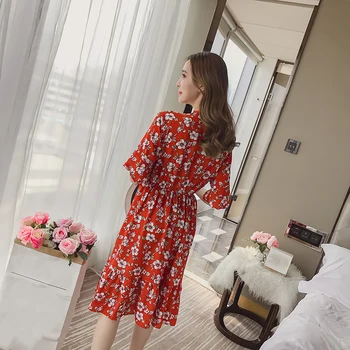 Coreeană Print Casual pentru Femei Rochie de Petrecere 2019 Boem Doamnelor Flare Jumătate Mâneci Genunchi lungime Arc O-gât Rochii Femei Rochie de Șifon