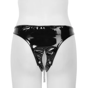 Fierbinte Chilotei Femei Wetlook PVC din Piele Lenjerie Sissy Erotic Bikini Latex Chiloți Pervers Lanț Deschis Picioare G-String Boxeri