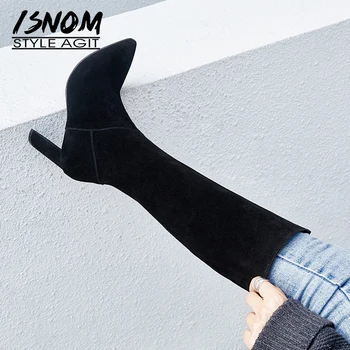 ISNOM Vaca piele de Căprioară Genunchi Ridicat Cizme pentru Femei Zip a Subliniat Toe Încălțăminte, Tocuri inalte Femei Cizme Pantofi de Iarna Femeie 2018 Nou Plus Dimensiunea 43