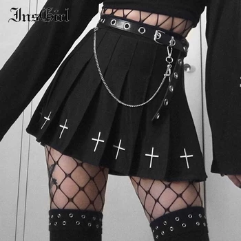 InsGirl Întuneric Punk Fusta Femei Brodate Cruce Talie Inalta Fusta Plisata Y2K Gotic Streetwear Moda Harajuku Mini Fusta Femme